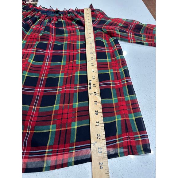 Talbots Christmas Top Blouse Red Black Green Plaid Sheer Ruffle S Holiday Party - Picture 10 of 10